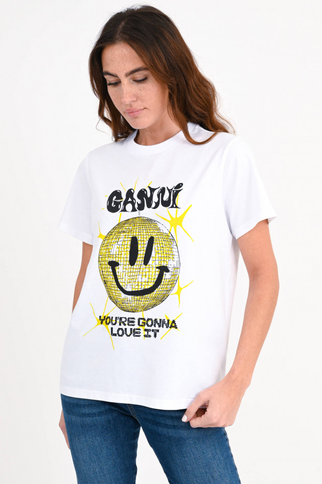 Ganni T-Shirt YELLOW SMILEY in Weiß