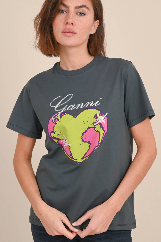 Ganni T-Shirt mit Print aus Bio-Baumwolle in Anthrazit