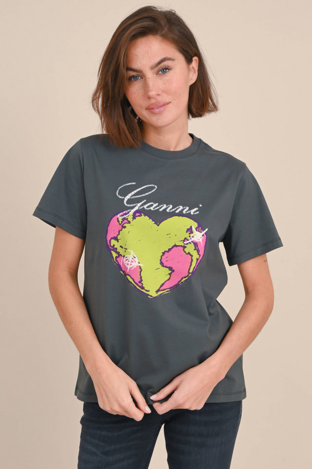 Ganni T-Shirt mit Print aus Bio-Baumwolle in Anthrazit