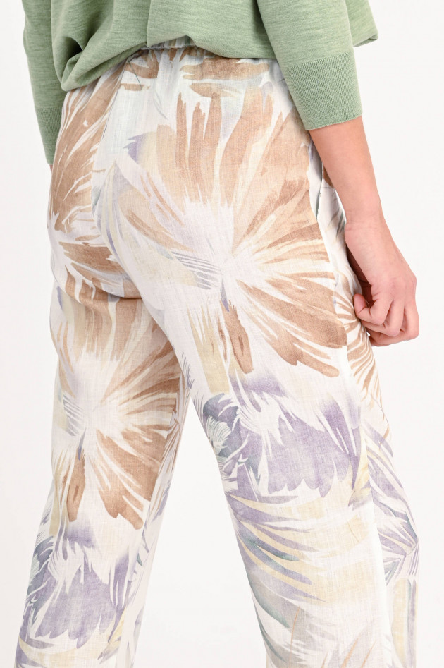 Hemisphere Leinenhose ROSALIA mit Blätter-Print in Weiß/Beige