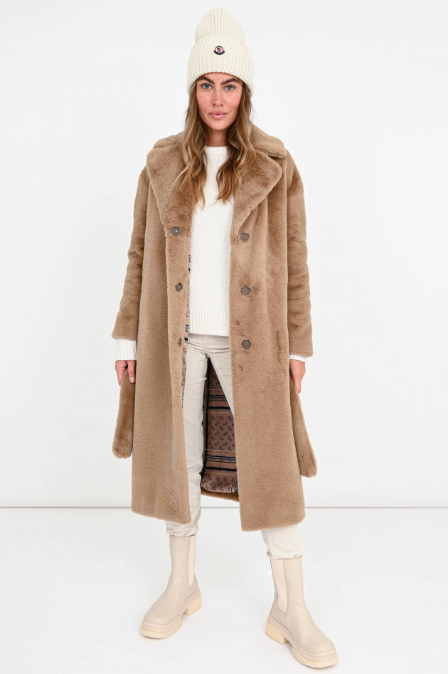 Herno Fake Fur-Mantel mit Bindegürtel in Camel