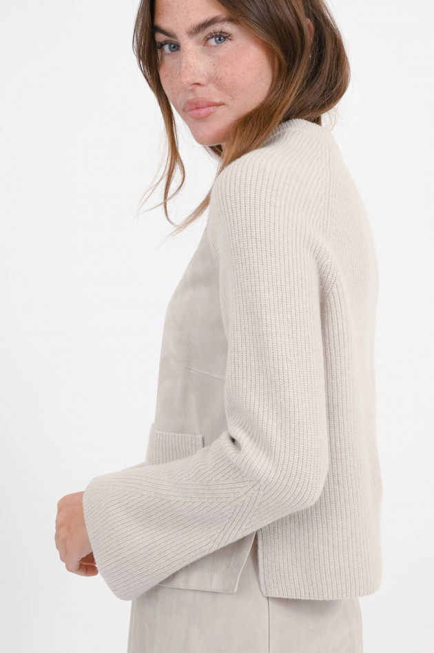 Herno Wollpullover mit Veloursleder in hellem Greige