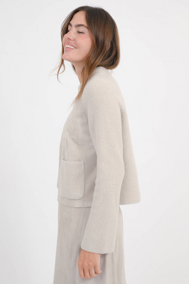 Herno Wollpullover mit Veloursleder in hellem Greige