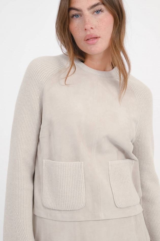 Herno Wollpullover mit Veloursleder in hellem Greige