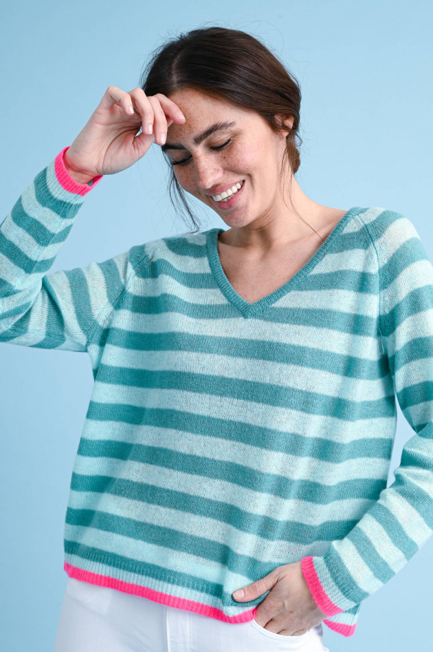 Jumper 1234 Gestreifter Cashmere Pullover in Grün/Mint/Pink