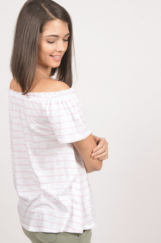 Juvia Shirt mit Carmen - Ausschnitt in Weiß/Pink gestreift