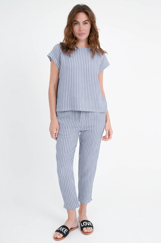 Juvia Boxy Musselin-Shirt in Graublau/Weiß gestreift