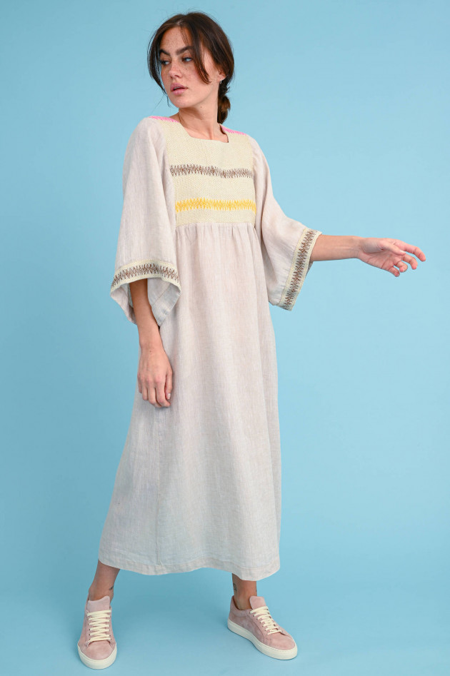 La Camicia Leinen-Mix Kleid mit Inka-Musterung in Sand