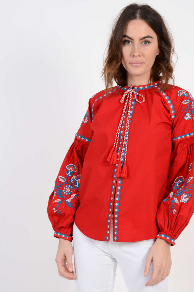 La Petite Broderie Oversized-Bluse mit Bunten Stickereien in Rot