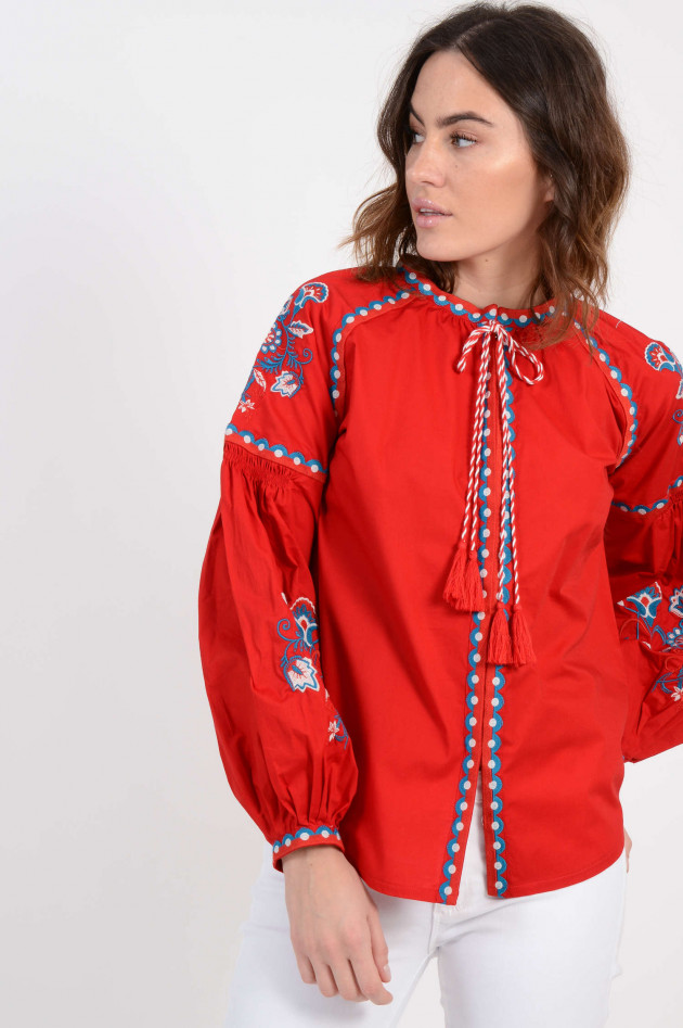 La Petite Broderie Oversized-Bluse mit Bunten Stickereien in Rot