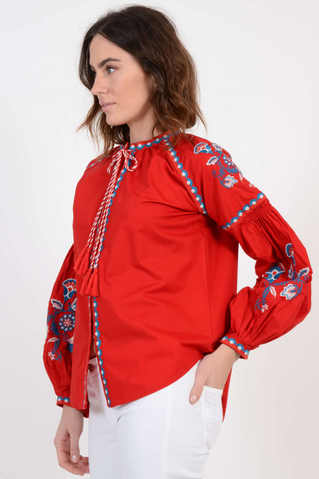 La Petite Broderie Oversized-Bluse mit Bunten Stickereien in Rot