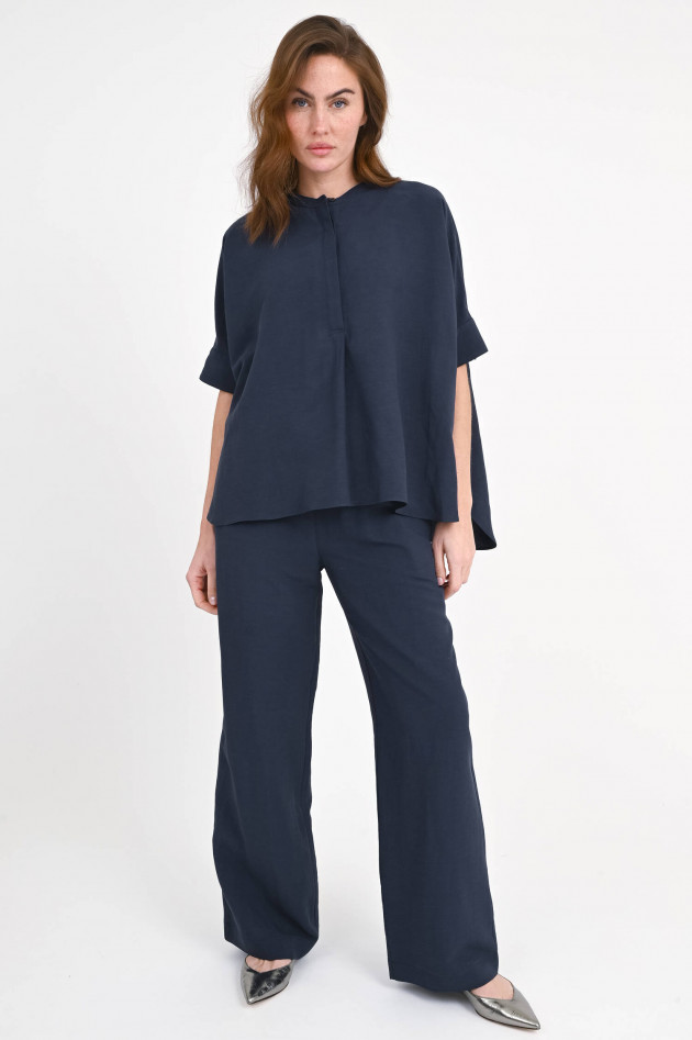 Love Birds Oversize-Bluse aus Viskose-Leinen-Mix in Navy