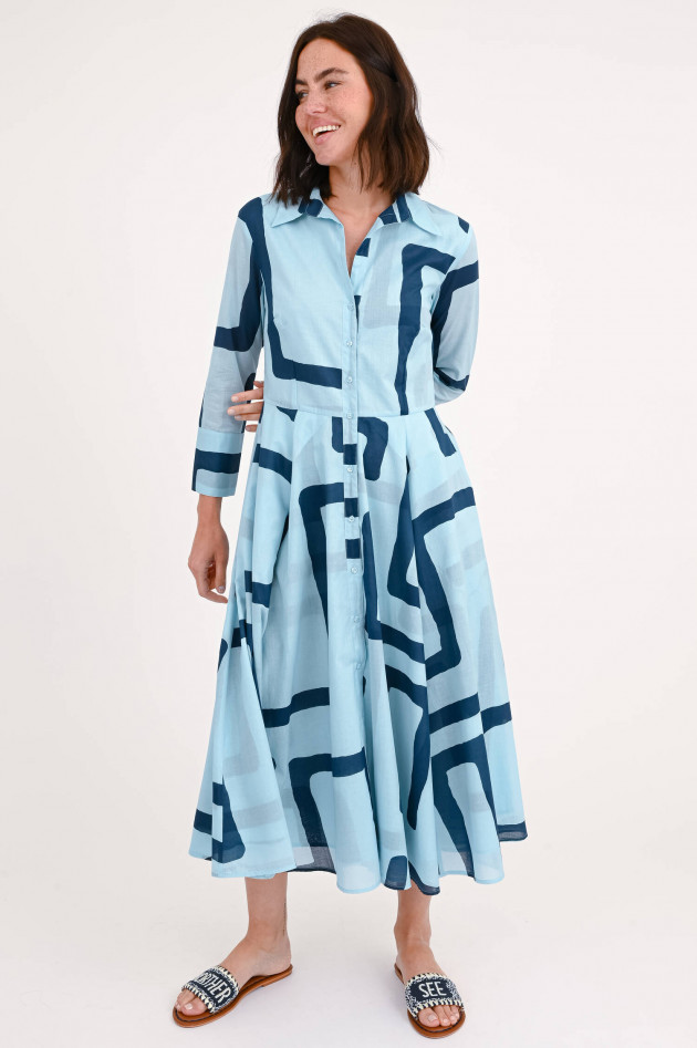Lu Li Lina Midi-Blusenkleid in Türkis/Marineblau gemustert