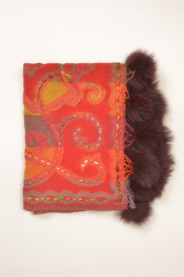 Michaela Feyrsinger Wollschal mit Fuchsbommel in Rot/Orange gemustert
