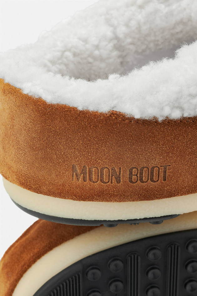 Moon Boot Mules ICON mit Lammfell in Cognac/Weiß
