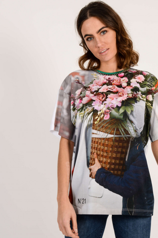 N°21 T-Shirt mit Schmucksteine in Grau/Rosa gemustert