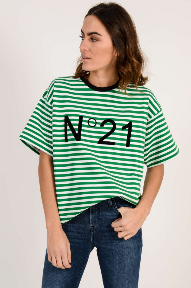 N°21 T-Shirt aus Baumwolle in Grün/Weiß gestreift