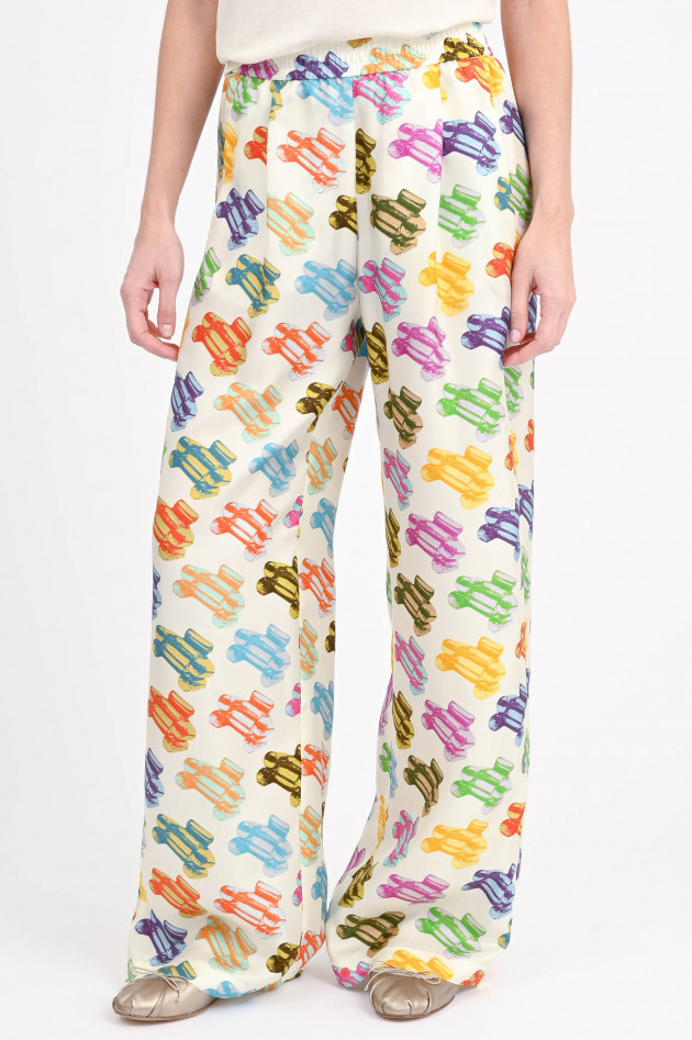 Odeeh Seidenhose mit Liegestühle in Creme/Multicolor