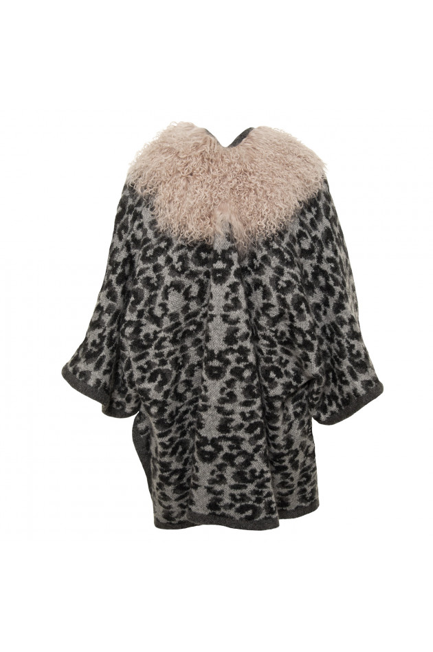 Hayley Menzies London Poncho mit Fellkragen in Grau/Antra gemustert