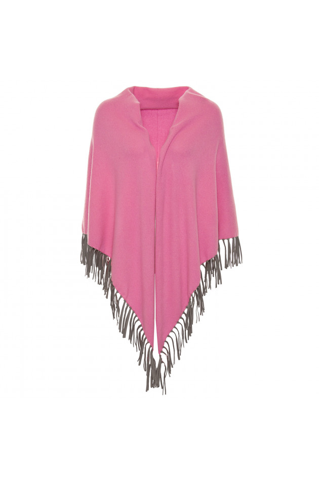 Grüner Poncho mit Fransen in Pink