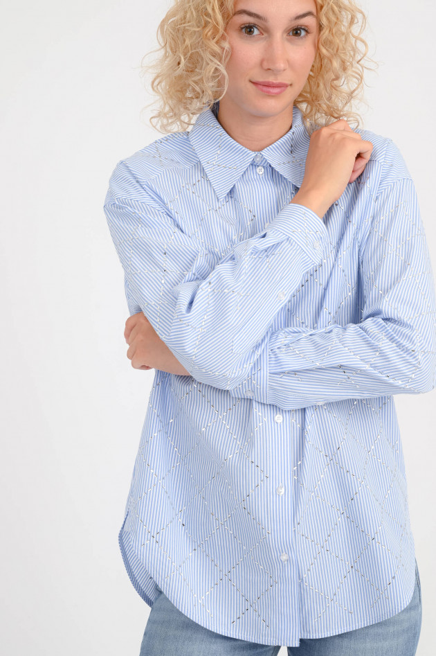 Princess goes Hollywood Oversize-Bluse mit Glitzersteinen in Blau/Weiß