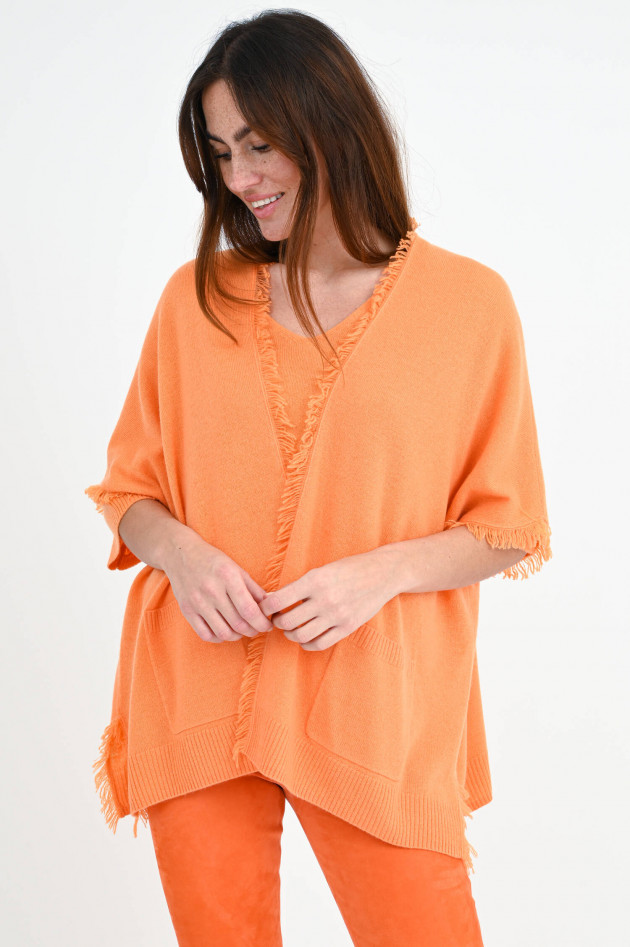 Repeat Cashmere Poncho mit Fransen in Papaya