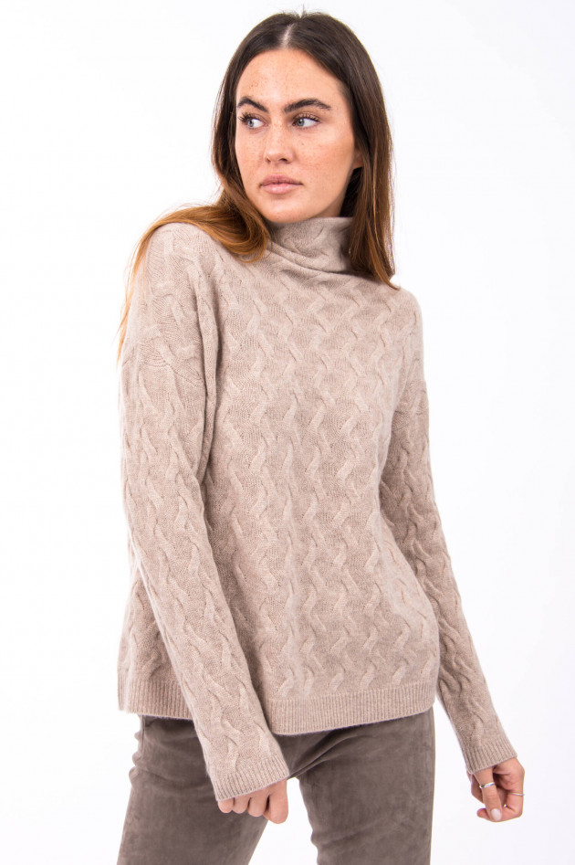 Repeat Kaschmir Pullover mit Zopfmuster in Sand