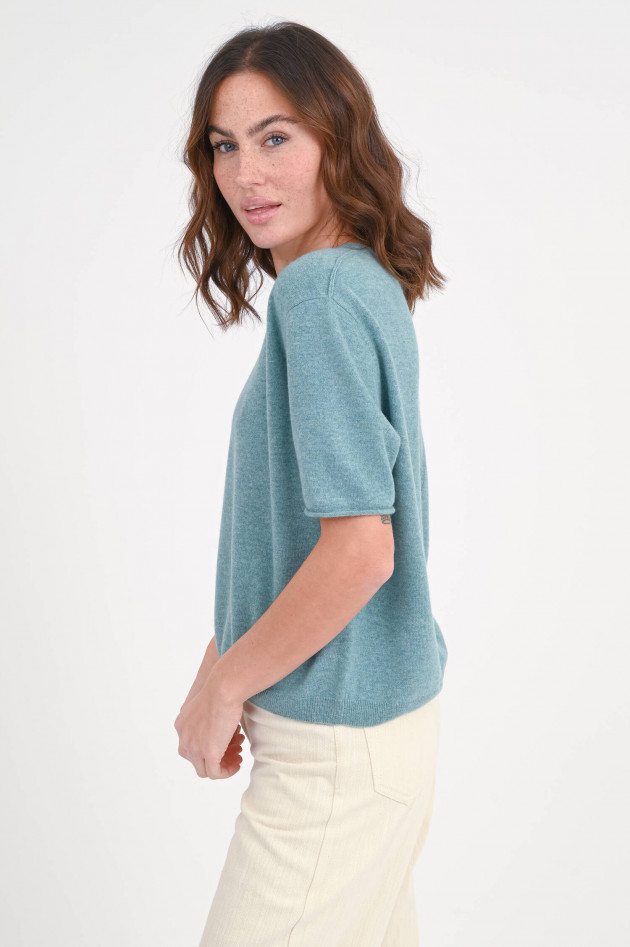 Repeat Cashmere-Kurzarm-Pullover in Aqua meliert