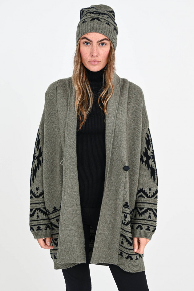 Repeat Oversized Cardigan im Ethno-Design in Oliv
