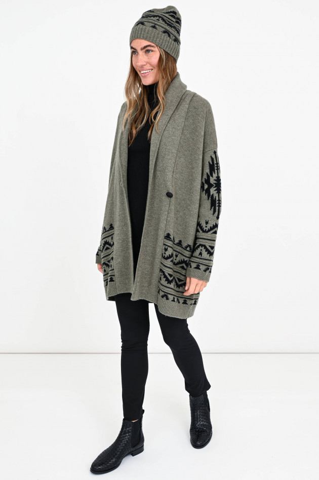 Repeat Oversized Cardigan im Ethno-Design in Oliv