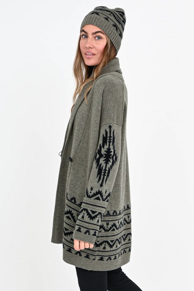 Repeat Oversized Cardigan im Ethno-Design in Oliv