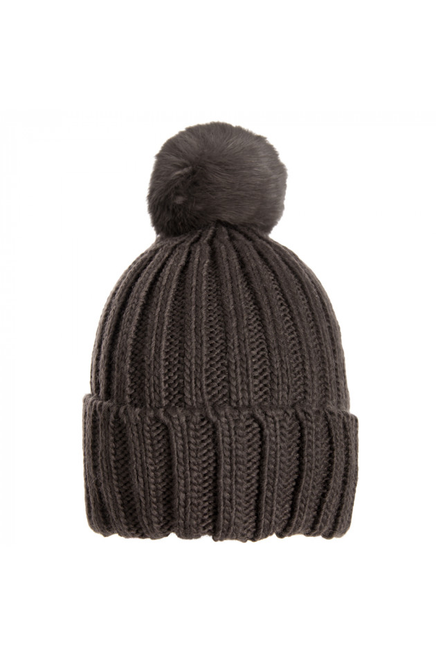 Rochester Rippstrickmütze Dunkelbraun mit Pelzbommel