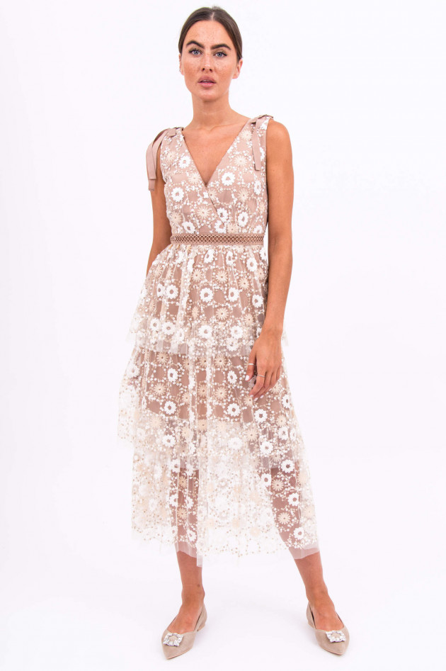 Self-Portrait Midi-kleid mit floralen Elementen in Weiß/Nude
