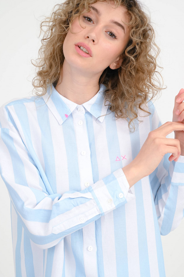 Sun68  Gestreifte Bluse aus Leinen-Mix in Bianco/Azzur