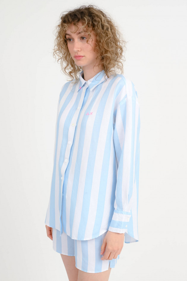 Sun68  Gestreifte Bluse aus Leinen-Mix in Bianco/Azzur