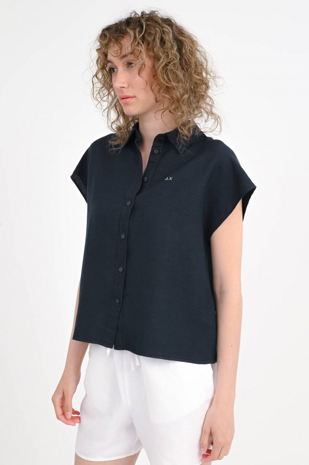 Sun68  Kurzarm-Bluse aus Leinen-Mix in Navy