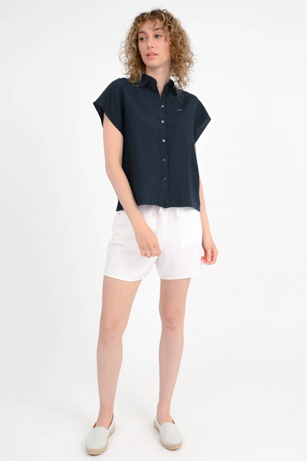 Sun68  Kurzarm-Bluse aus Leinen-Mix in Navy