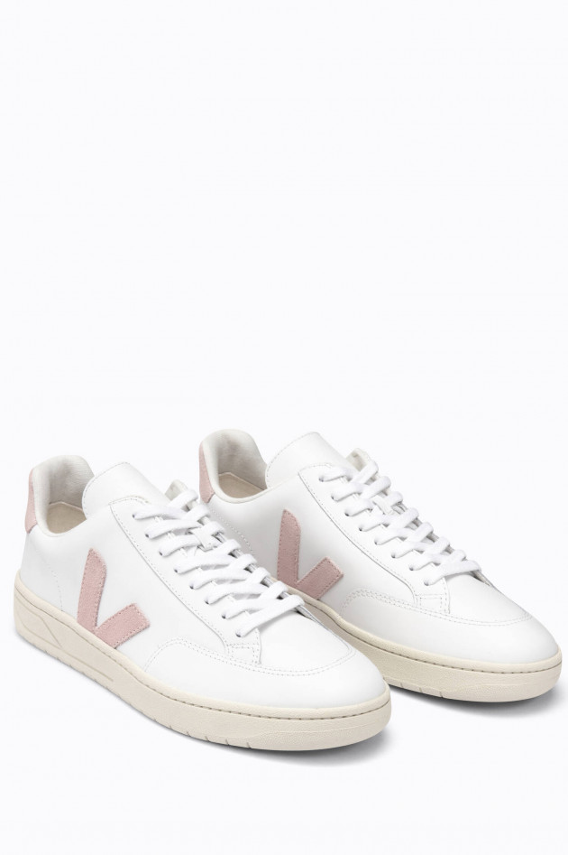 Veja Glattleder-Sneaker V-12 in Weiß/Rosa