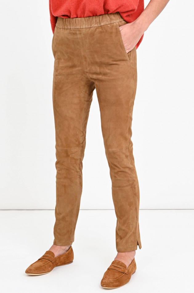 White T Velourslederhose mit Seitenschlitz in Camel