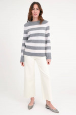 Pullover aus Woll-Cash-Mix in Grau/Weiß gestreift
