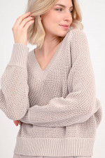 Grobstrick Pullover mit V-Ausschnitt in Sand