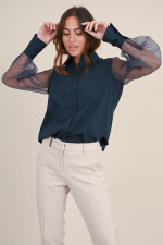 Material-Mix Bluse in Navy