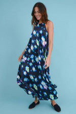 Kleid mit floralem Neon-Print in Navy