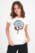 Rippenshirt mit Blumenstickerei in Natur