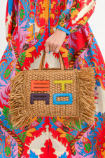 Bast-Tasche mit bunten Logo in Braun