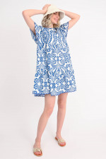 Mini Kleid mit Allover Print in Blau/Weiß