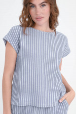 Boxy Musselin-Shirt in Graublau/Weiß gestreift