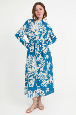 Seidenkleid mit Palmen-Print in Blau