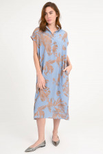Seidenkleid EDDA mit Palmen-Motiv in Blau/Caramel