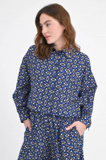 Cropped Bluse in Blau/Beige gemustert